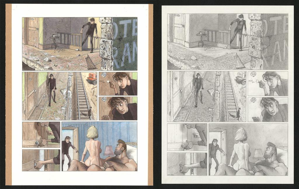 Planche originale n°98 et sa première étape en noir et blanc (page 102) - Paul & Gaëtan Brizzi - Aquarelle et crayon de cire sur papier Arches - 6491