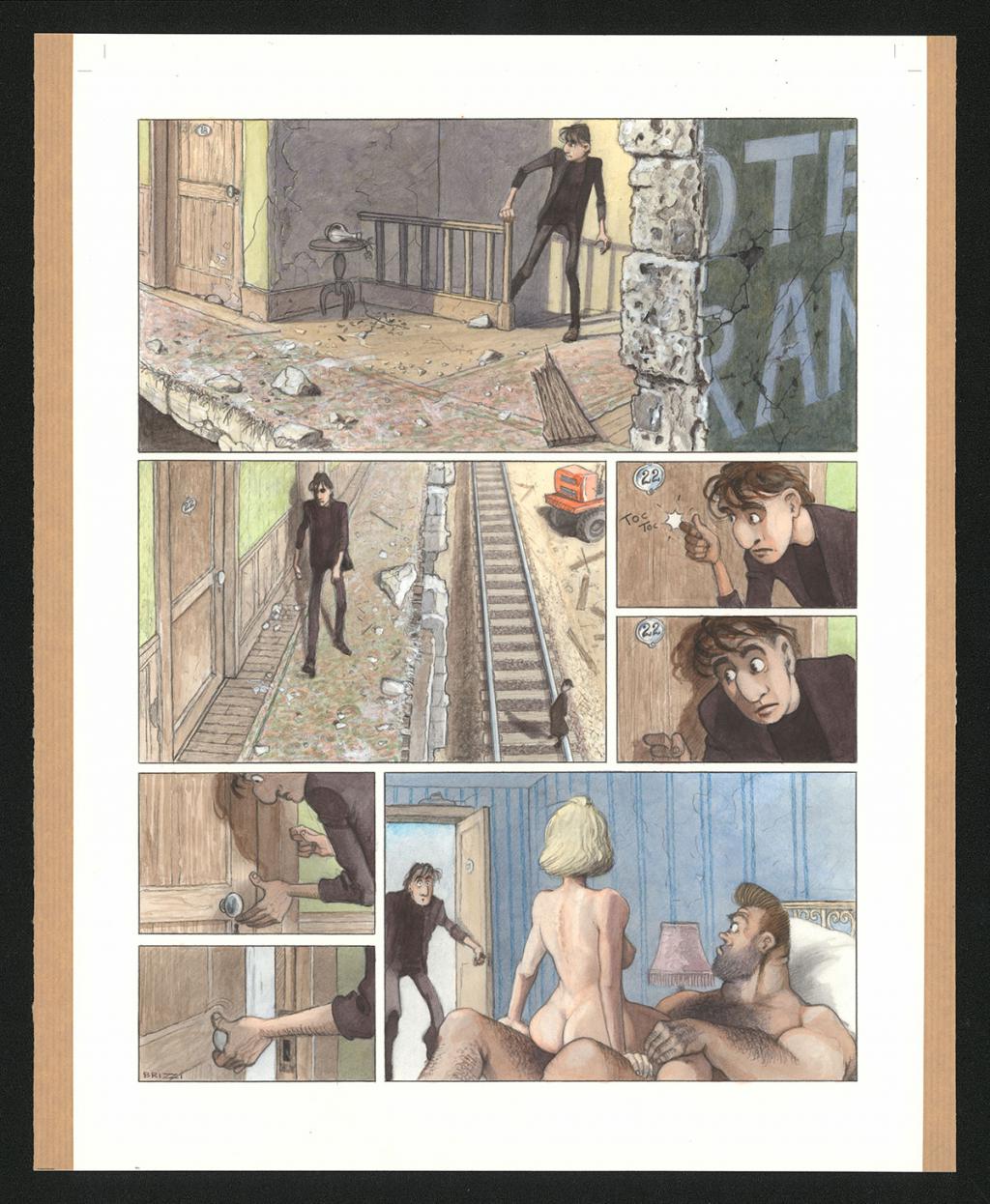 Planche originale n°98 et sa première étape en noir et blanc (page 102) - Paul & Gaëtan Brizzi - Aquarelle et crayon de cire sur papier Arches - 6491