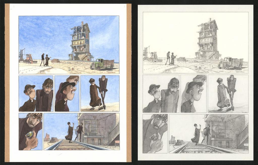 Planche originale n°97 et sa première étape en noir et blanc (page 101) - Paul & Gaëtan Brizzi - Aquarelle et crayon de cire sur papier Arches - 6490