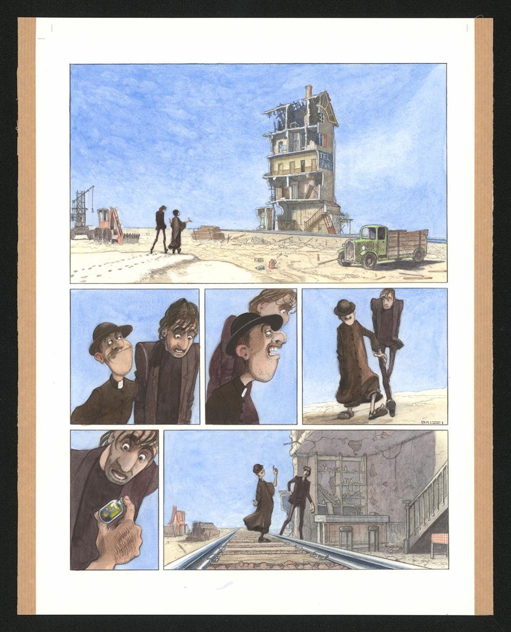 Planche originale n°97 et sa première étape en noir et blanc (page 101) - Paul & Gaëtan Brizzi - Aquarelle et crayon de cire sur papier Arches - 6490