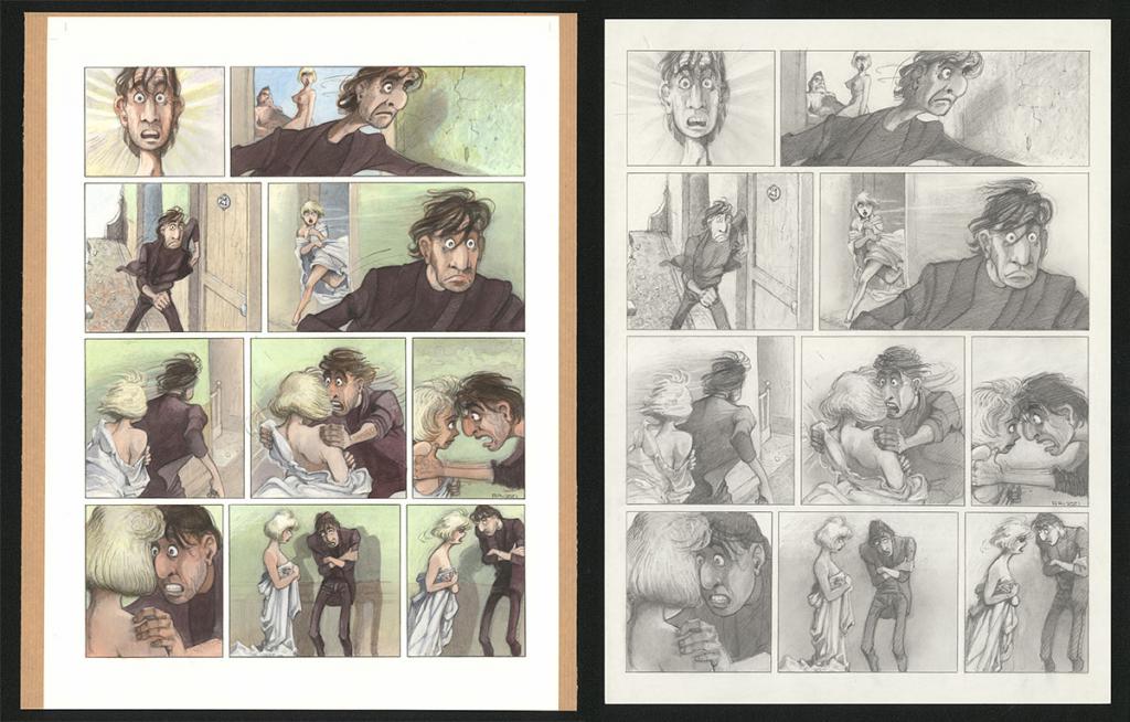 Planche originale n°99 et sa première étape en noir et blanc (page 103) - Paul & Gaëtan Brizzi - Aquarelle et crayon de cire sur papier Arches - 6340