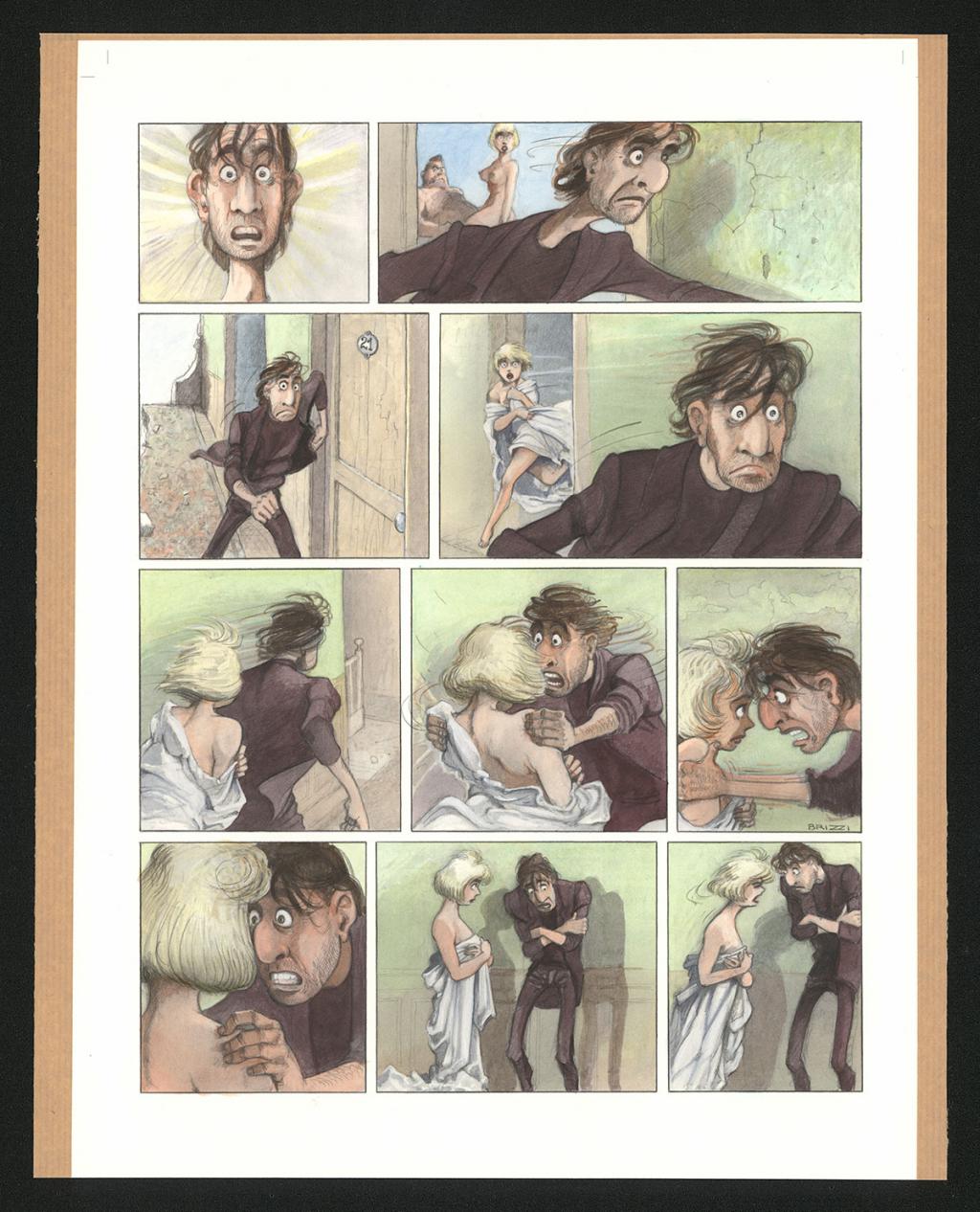 Planche originale n°99 et sa première étape en noir et blanc (page 103) - Paul & Gaëtan Brizzi - Aquarelle et crayon de cire sur papier Arches - 6340