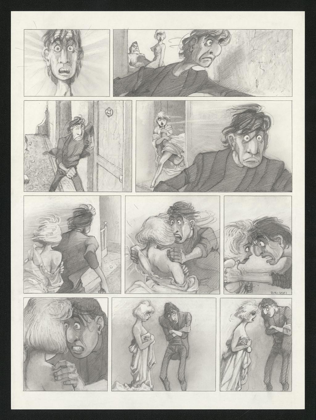 Planche originale n°99 et sa première étape en noir et blanc (page 103) - Paul & Gaëtan Brizzi - Aquarelle et crayon de cire sur papier Arches - 6340