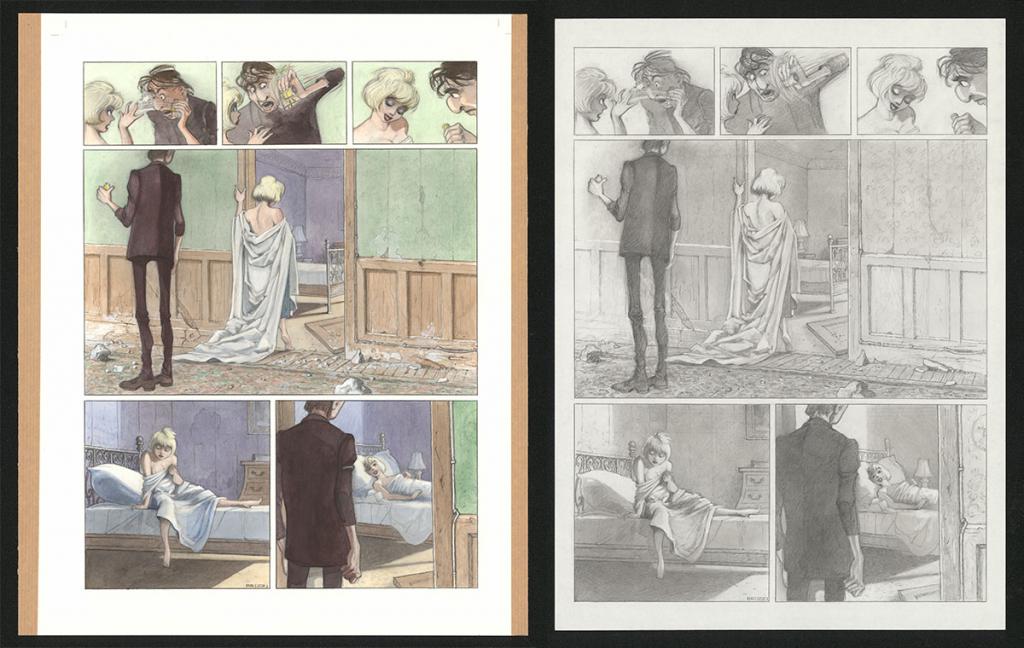 Planche originale n°102 et sa première étape en noir et blanc (page 106) - Paul & Gaëtan Brizzi - Aquarelle et crayon de cire sur papier Arches - 6489