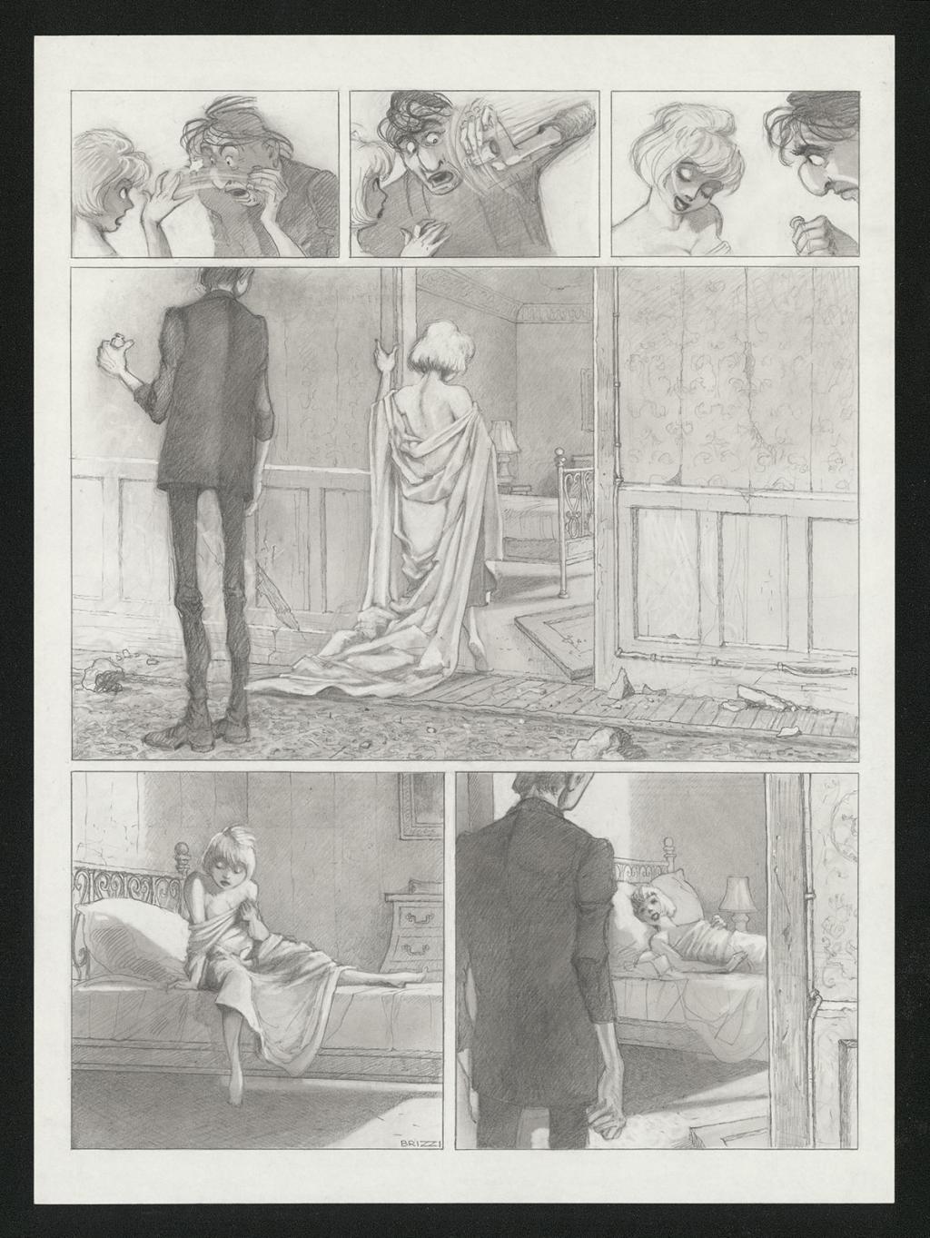 Planche originale n°102 et sa première étape en noir et blanc (page 106) - Paul & Gaëtan Brizzi - Aquarelle et crayon de cire sur papier Arches - 6489