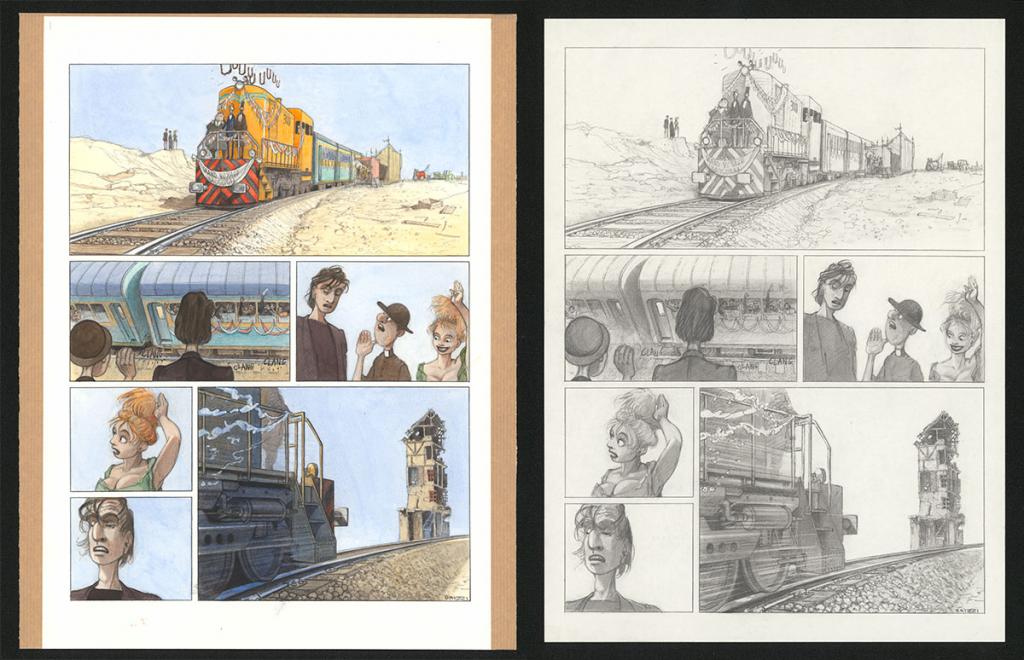 Planche originale n°107 et sa première étape en noir et blanc (page 111) - Paul & Gaëtan Brizzi - Aquarelle et crayon de cire sur papier Arches - 6487