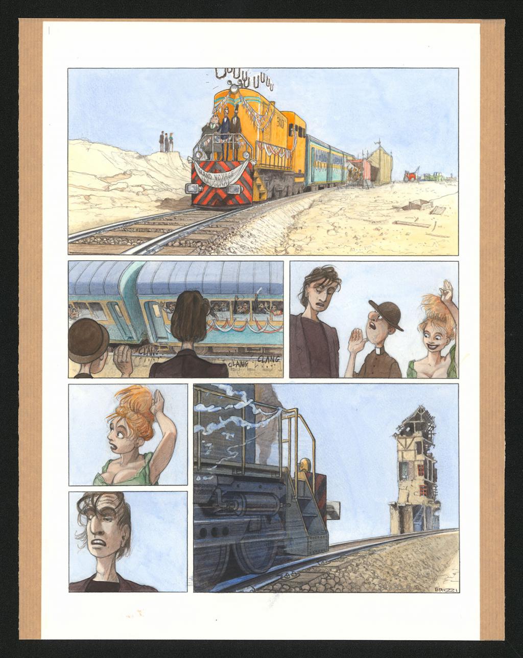 Planche originale n°107 et sa première étape en noir et blanc (page 111) - Paul & Gaëtan Brizzi - Aquarelle et crayon de cire sur papier Arches - 6487