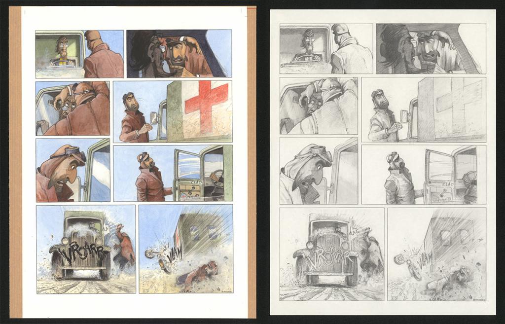 Planche originale n°92 et sa première étape en noir et blanc (page 96) - Paul & Gaëtan Brizzi - Aquarelle et crayon de cire sur papier Arches - 6338