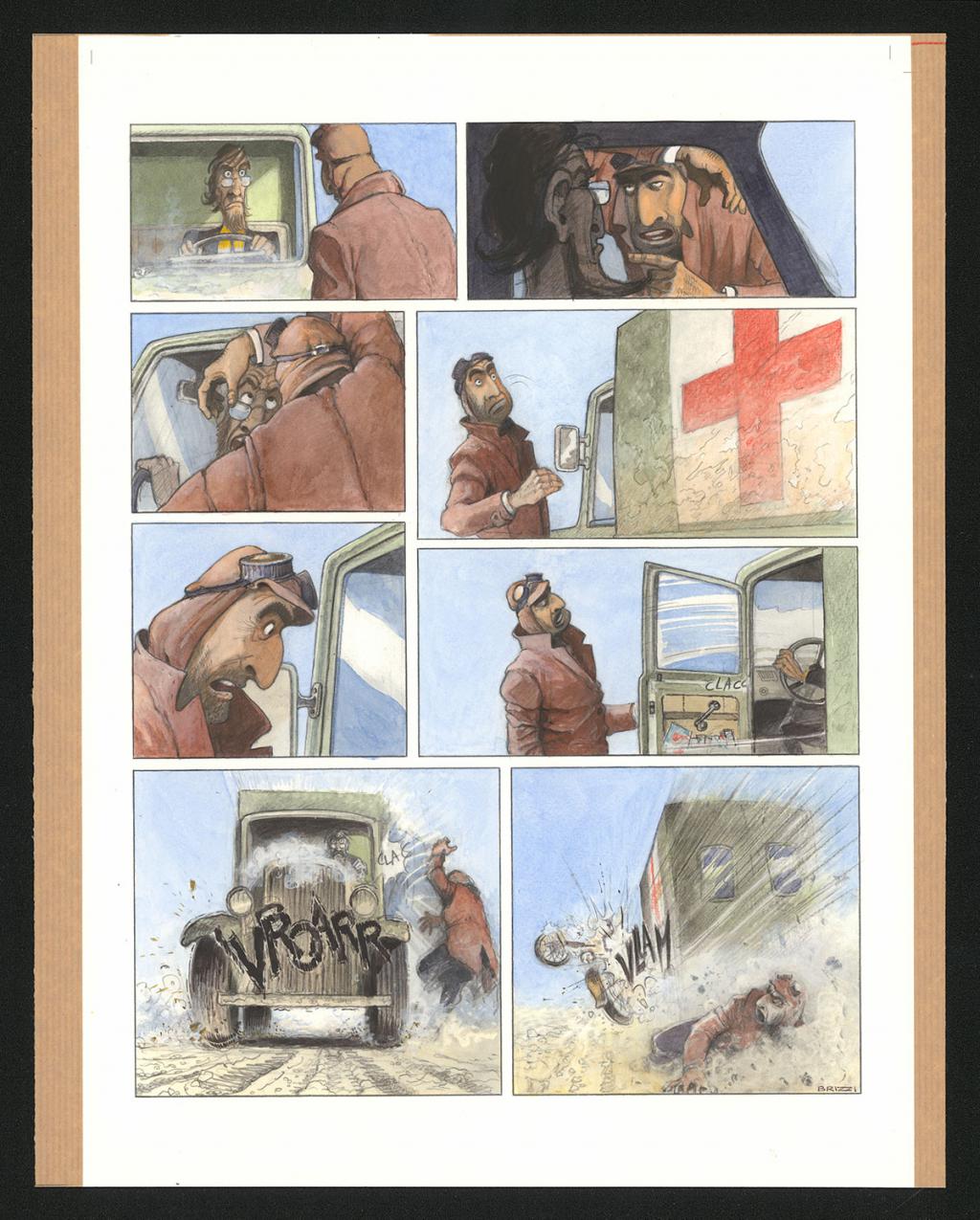 Planche originale n°92 et sa première étape en noir et blanc (page 96) - Paul & Gaëtan Brizzi - Aquarelle et crayon de cire sur papier Arches - 6338