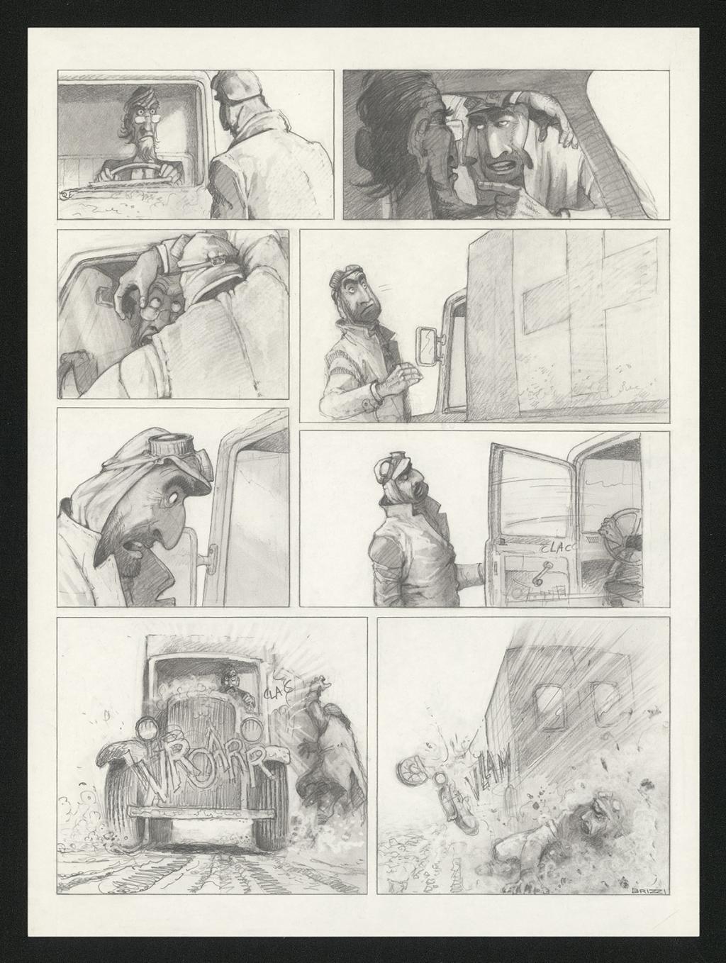 Planche originale n°92 et sa première étape en noir et blanc (page 96) - Paul & Gaëtan Brizzi - Aquarelle et crayon de cire sur papier Arches - 6338