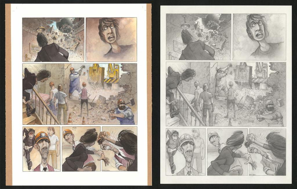 Planche originale n°82 et sa première étape en noir et blanc (page 86) - Paul & Gaëtan Brizzi - Aquarelle et crayon de cire sur papier Arches - 6337