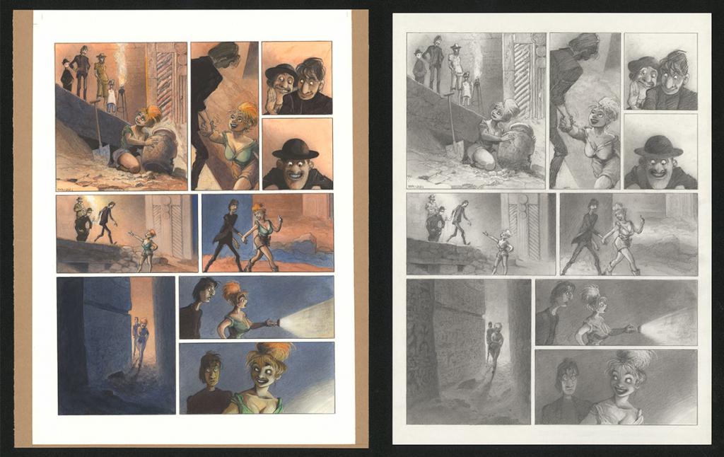 Planche originale n°73 et sa première étape en noir et blanc (page 77) - Paul & Gaëtan Brizzi - Aquarelle et crayon de cire sur papier Arches - 6336