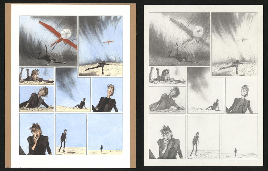 Planche originale n°69 et sa première étape en noir et blanc (page 73) - Paul & Gaëtan Brizzi - Aquarelle et crayon de cire sur papier Arches - 6335
