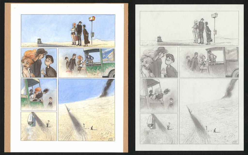 Planche originale n°112 et sa première étape en noir et blanc (page 116) - Paul & Gaëtan Brizzi - Aquarelle et crayon de cire sur papier Arches - 6334