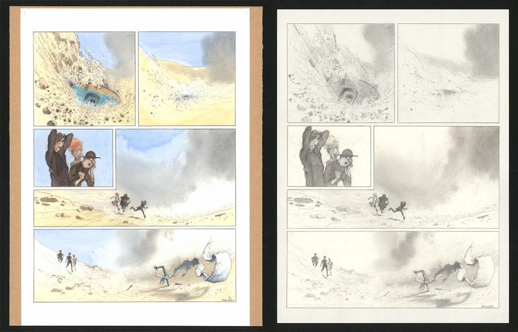 Planche originale n°110 et sa première étape en noir et blanc (page 114) - Paul & Gaëtan Brizzi - Aquarelle et crayon de cire sur papier Arches - 6332