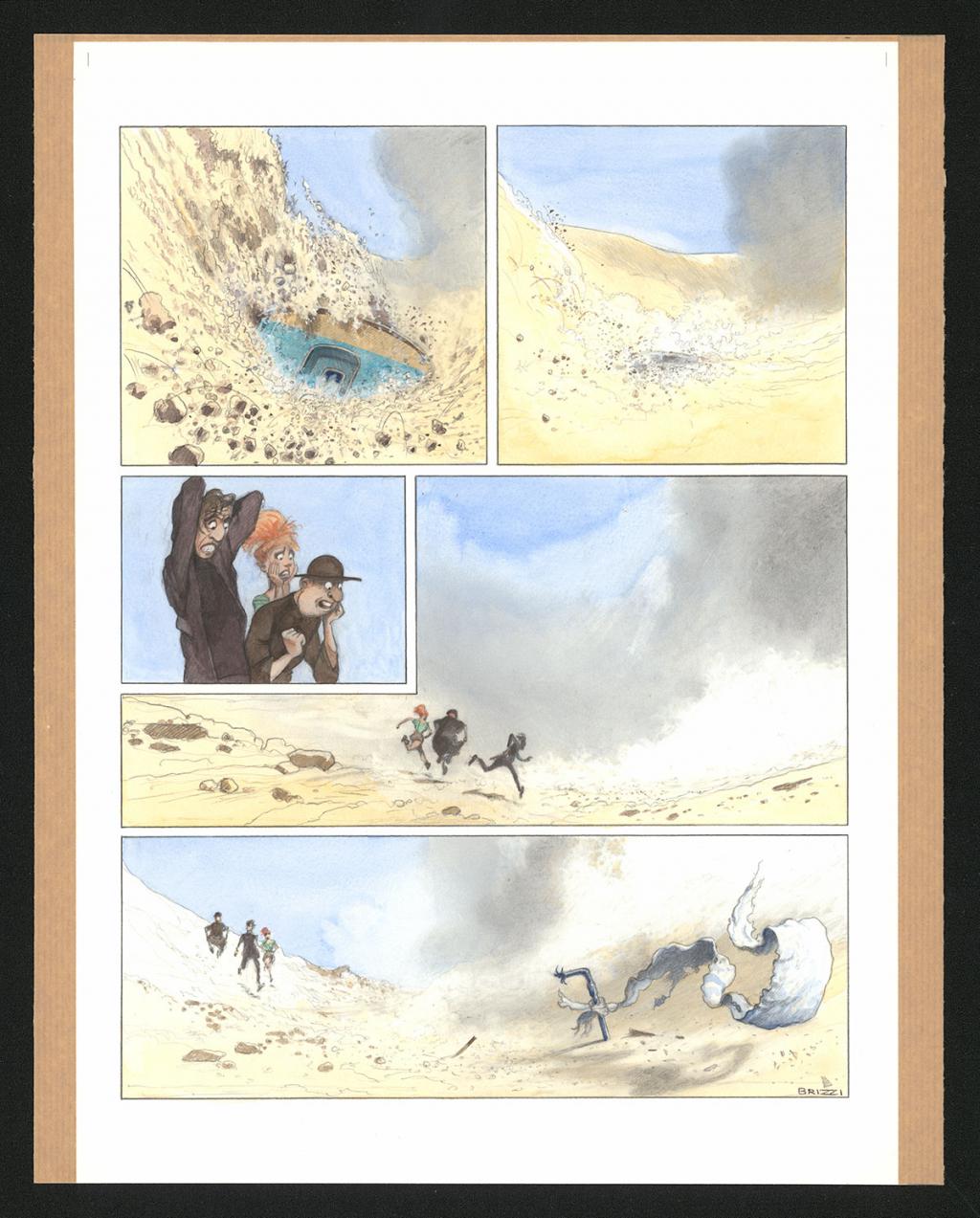 Planche originale n°110 et sa première étape en noir et blanc (page 114) - Paul & Gaëtan Brizzi - Aquarelle et crayon de cire sur papier Arches - 6332
