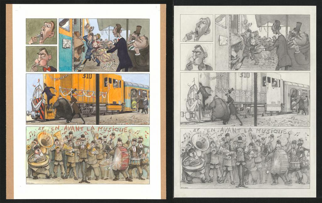 Planche originale n°106 et sa première étape en noir et blanc (page 110) - Paul & Gaëtan Brizzi - Aquarelle et crayon de cire sur papier Arches - 6482