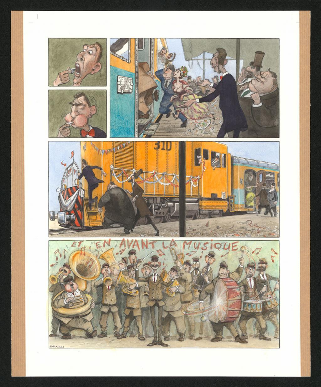 Planche originale n°106 et sa première étape en noir et blanc (page 110) - Paul & Gaëtan Brizzi - Aquarelle et crayon de cire sur papier Arches - 6482