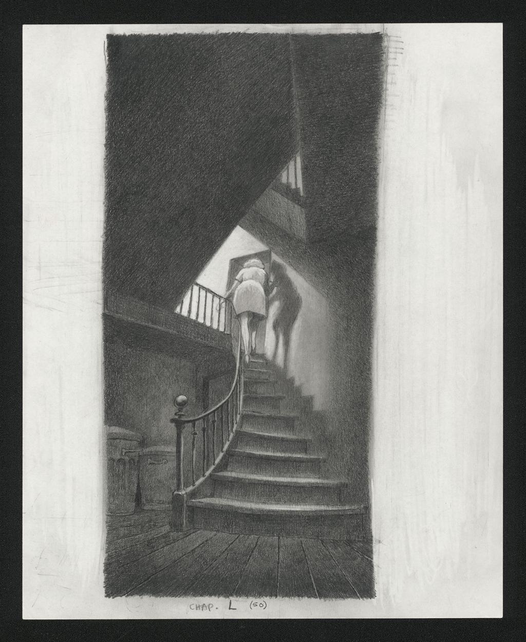 Isis dans l'escalier, Illustration originale, chapitre 50, avec croquis au dos, 2019 - Paul & Gaëtan Brizzi - Crayon de cire sur papier - 6327