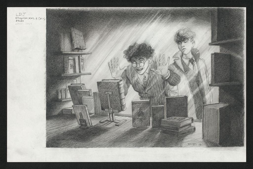 La Vitrine du libraire, illustration originale, chapitre 21, 2019 - Paul & Gaëtan Brizzi - Crayon de cire sur papier - 6326