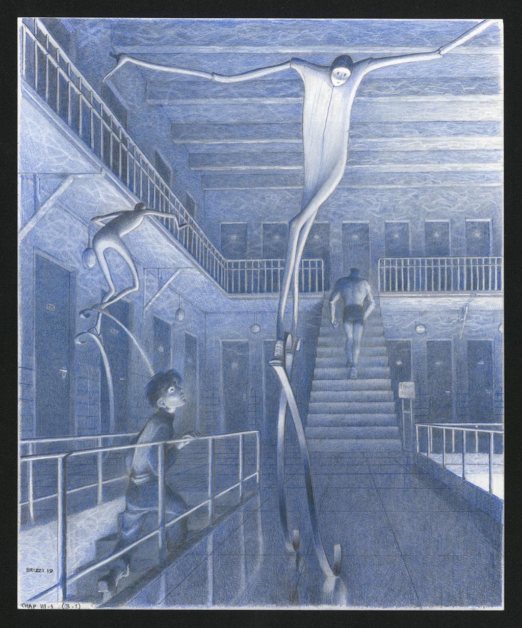 A la piscine, illustration originale, chapitre 3, 2019 - Paul & Gaëtan Brizzi - Crayon de cire sur papier - 6477