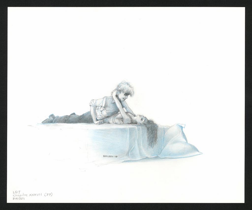 Chloé enlace Colin,illustration originale, chapitre 37, 2019 - Paul & Gaëtan Brizzi - Crayon de cire sur papier - 6456