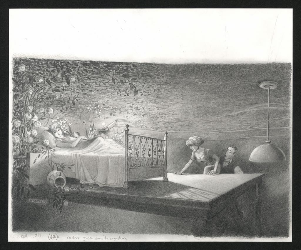 Isis et Nicolas montent voir Chloé, illustration originale, chapitre 62, 2019 - Paul & Gaëtan Brizzi - Crayon de cire sur papier - 6457