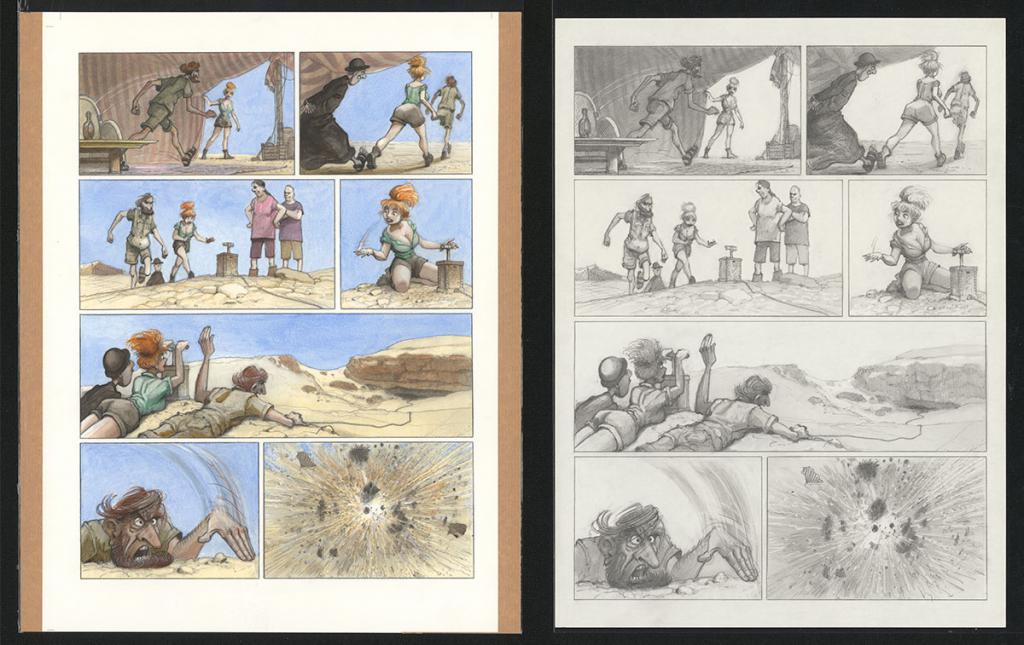 Planche originale n°37 et sa première étape en noir et blanc (page 41) - Paul & Gaëtan Brizzi - Aquarelle et crayon de cire sur papier Arches - 6282