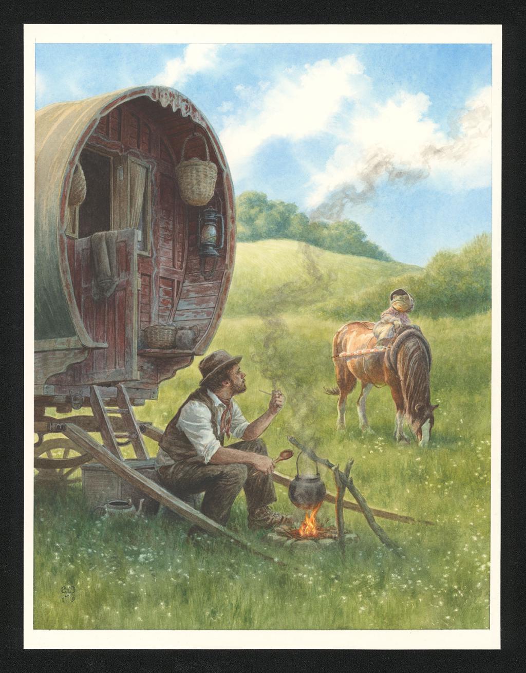 Illustration originale intitulée "Romany Gypsy cooking over a fire and noticing Mr Toad on horseback" (Rom cuisinant sur un feu de bois et remarquant Mr Crapaud à cheval) - Christopher Dunn - Aquarelle sur papier - 5500