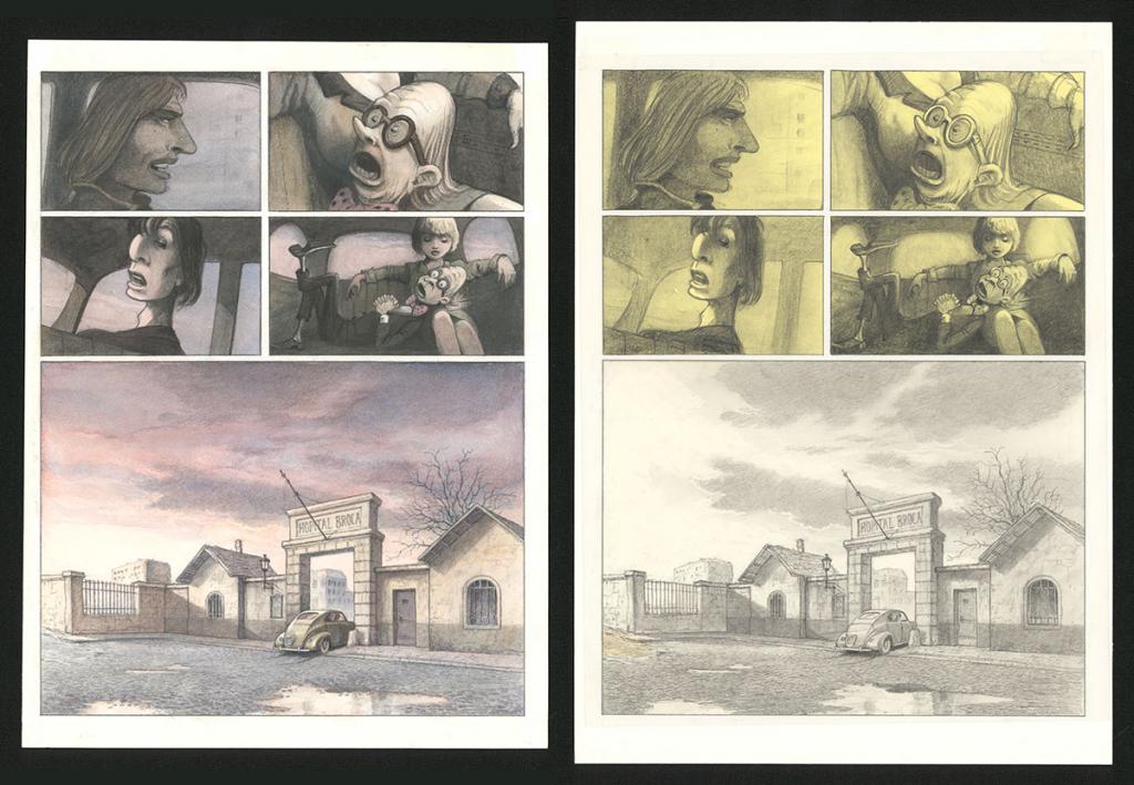 Planche originale n°17 et sa première étape en noir et blanc (page 21) - Paul & Gaëtan Brizzi - Aquarelle et crayon de cire sur papier Arches - 6308