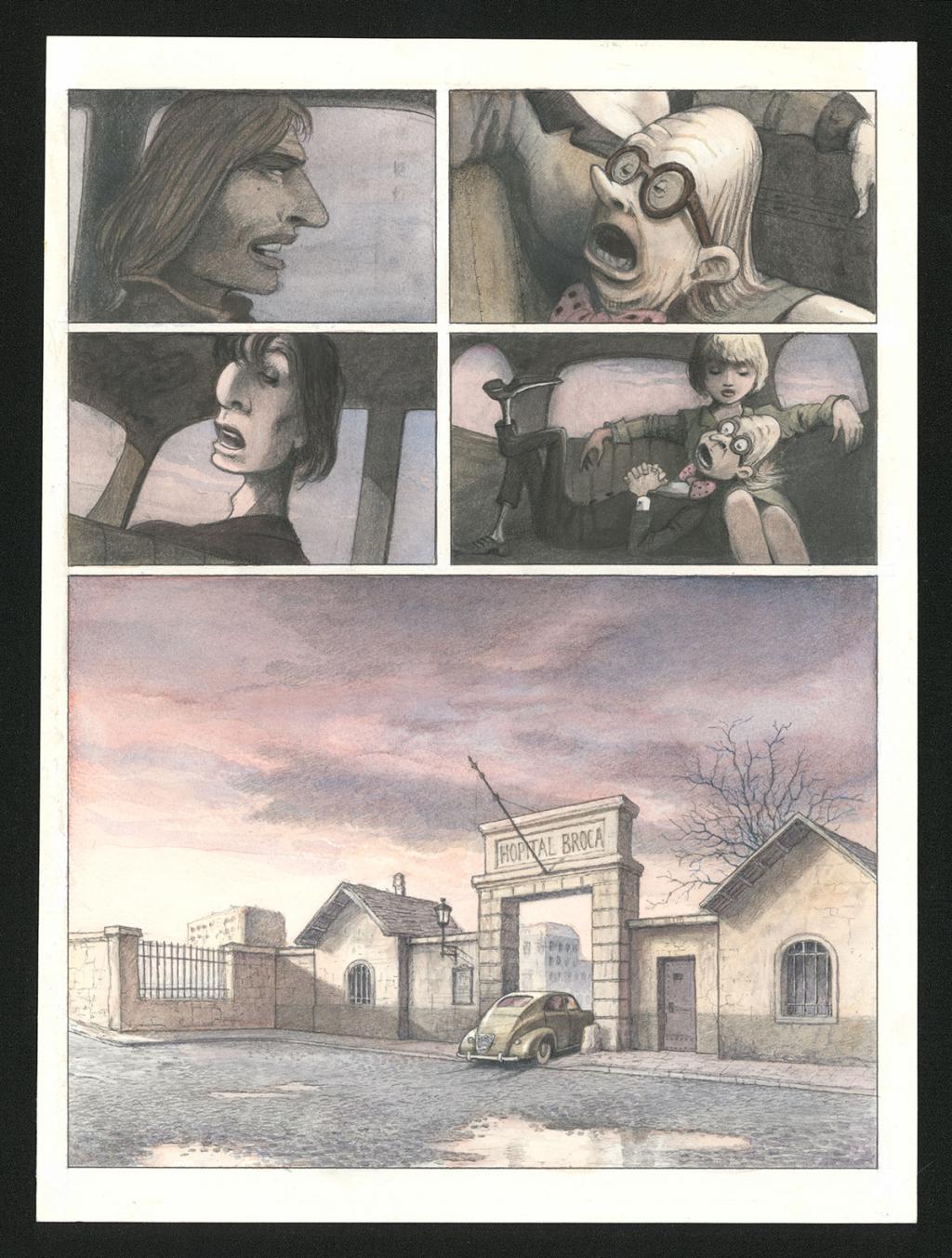 Planche originale n°17 et sa première étape en noir et blanc (page 21) - Paul & Gaëtan Brizzi - Aquarelle et crayon de cire sur papier Arches - 6308