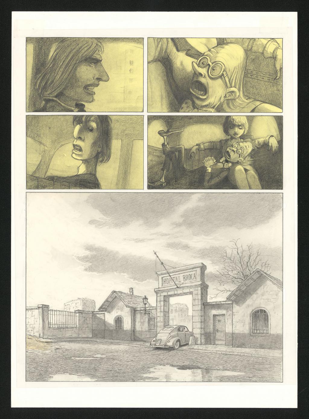 Planche originale n°17 et sa première étape en noir et blanc (page 21) - Paul & Gaëtan Brizzi - Aquarelle et crayon de cire sur papier Arches - 6308