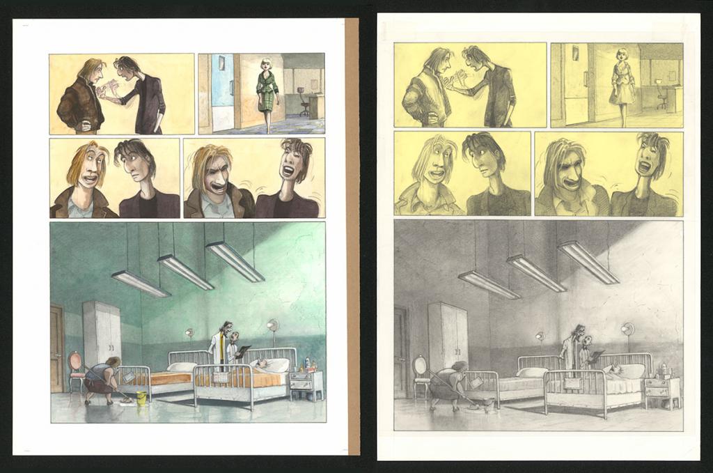 Planche originale n°31 et sa première étape en noir et blanc (page 35) - Paul & Gaëtan Brizzi - Aquarelle et crayon de cire sur papier Arches - 6309