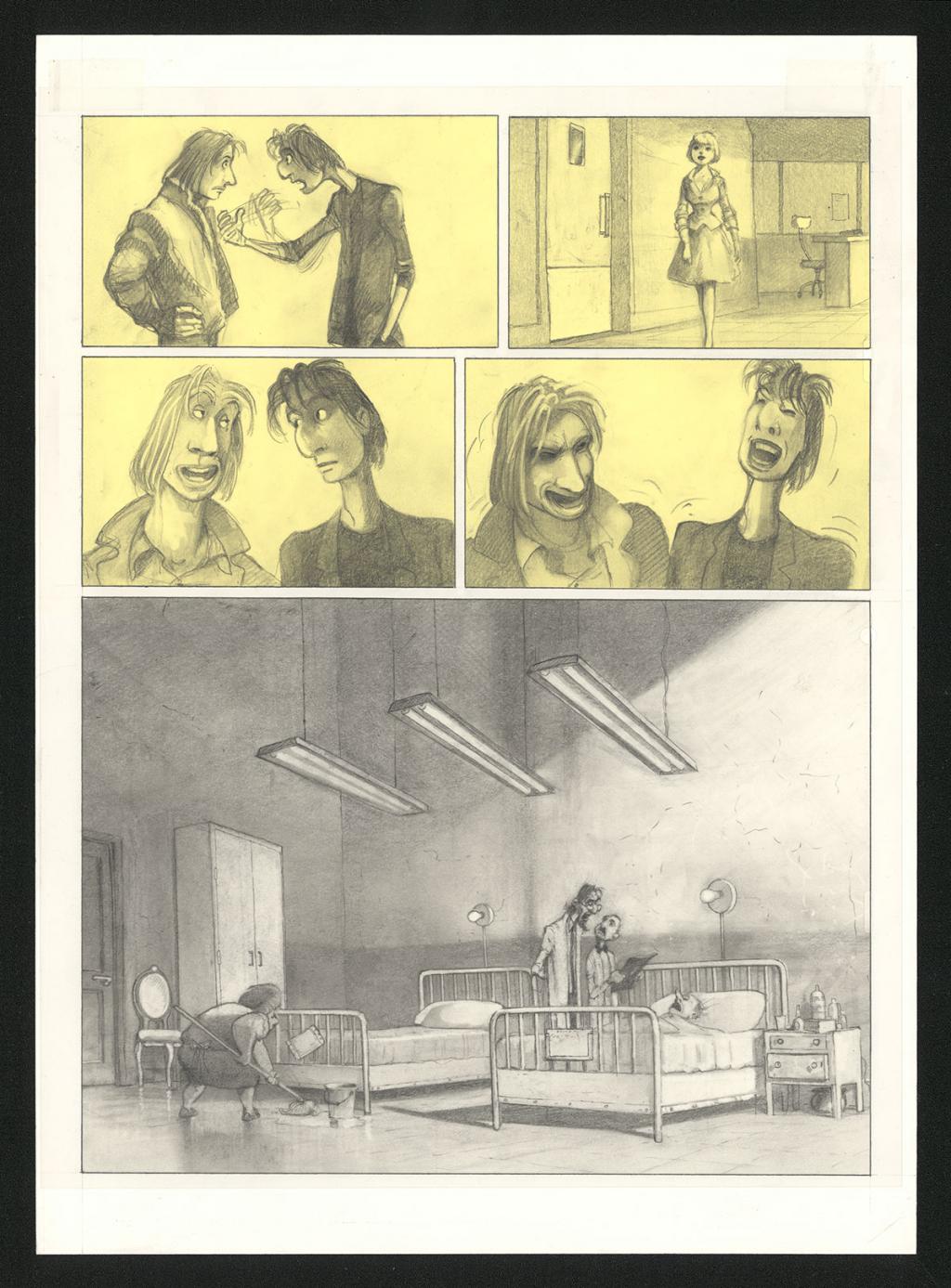 Planche originale n°31 et sa première étape en noir et blanc (page 35) - Paul & Gaëtan Brizzi - Aquarelle et crayon de cire sur papier Arches - 6309