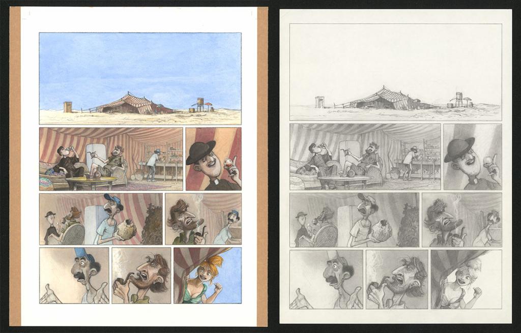 Planche originale n°36 et sa première étape en noir et blanc (page 40) - Paul & Gaëtan Brizzi - Aquarelle et crayon de cire sur papier Arches - 6310