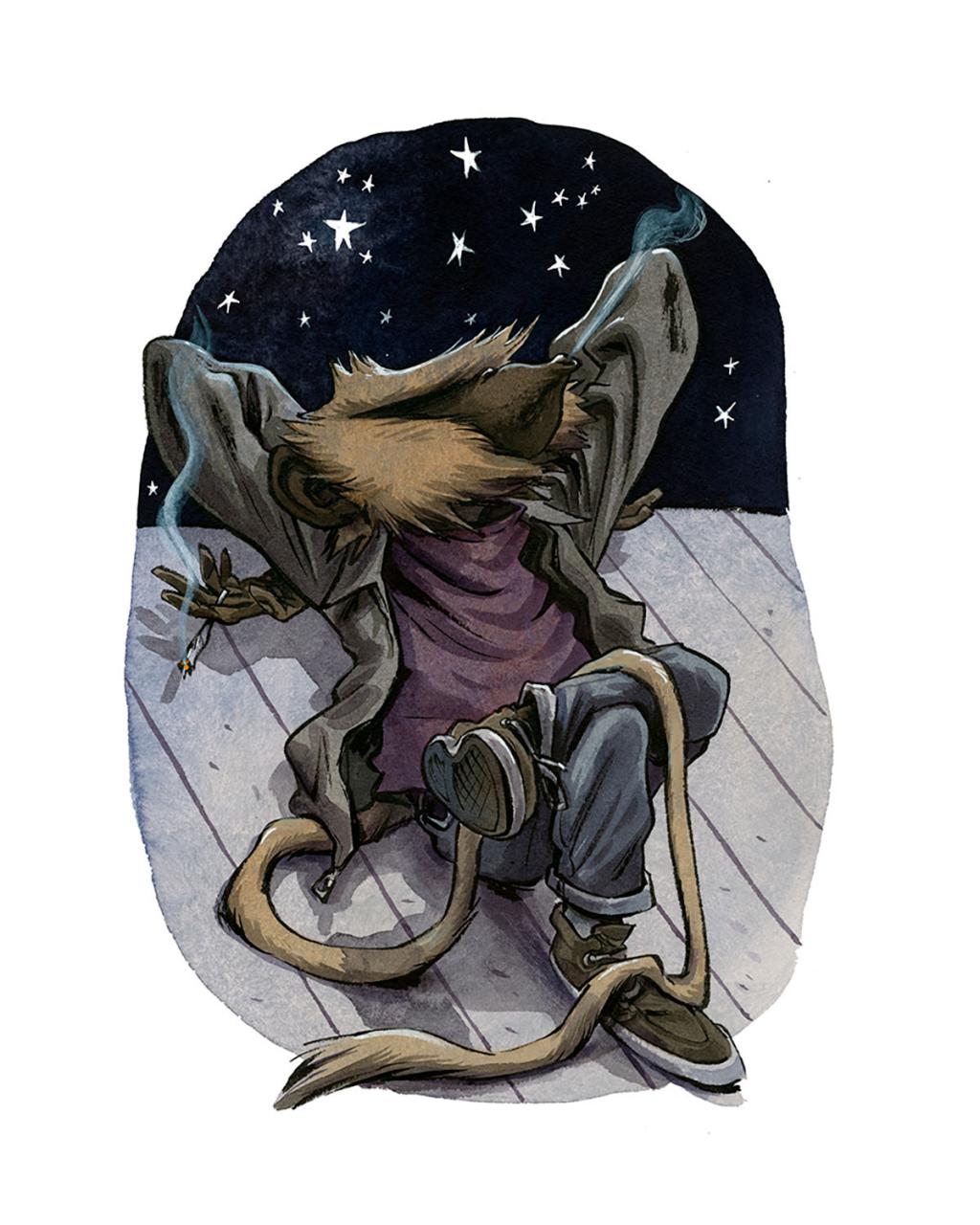 Illustration originale - Starry night - Guznag - Encres acryliques sur papier aquarelle - 5650