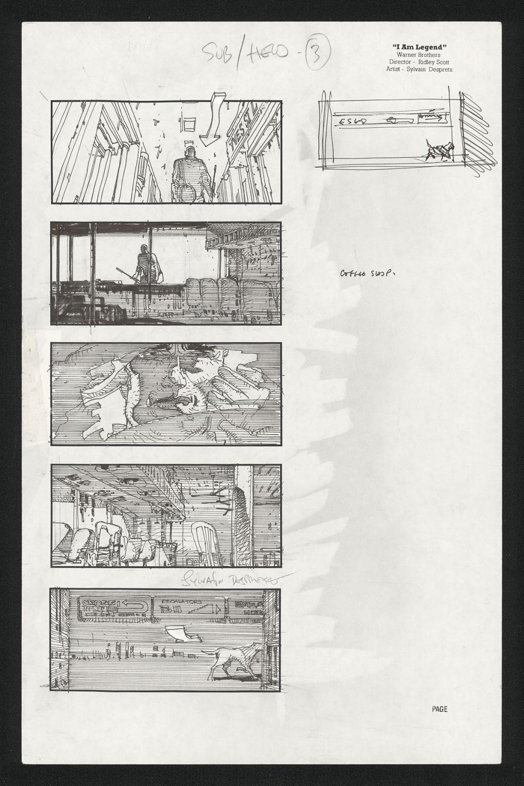 Story board pour le projet de film I Am Legend par Ridley Scott avec Arnold Schwarzenegger. Le dessin en haut à droite est de Ridley Scott. - Sylvain Despretz - Technique mixte sur papier - 5765