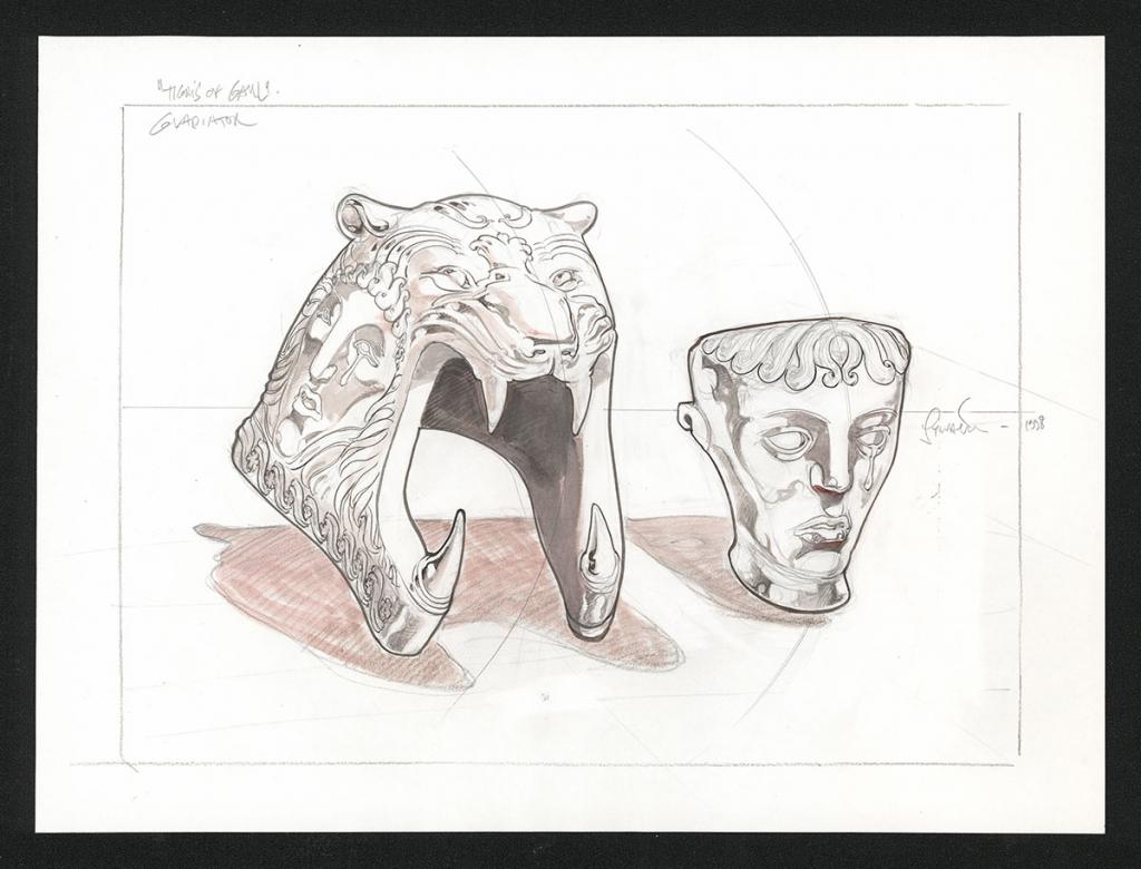 design du masque du casque de Tigris de Galle pour le film Gladiator de Ridley Scott - Sylvain Despretz - Encre de Chine sur papier - 5766