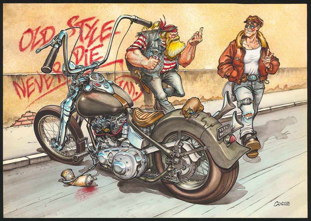 Illustration originale pour les posters de Biker Forever  intitulée Old style never die - Coyote - Aquarelle et encre de Chine sur papier - 5801