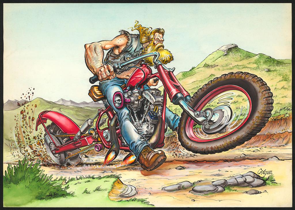 Illustration originale pour les posters de Biker Forever  intitulée Biker laboureur - Coyote - Aquarelle et encre de Chine sur papier - 5802