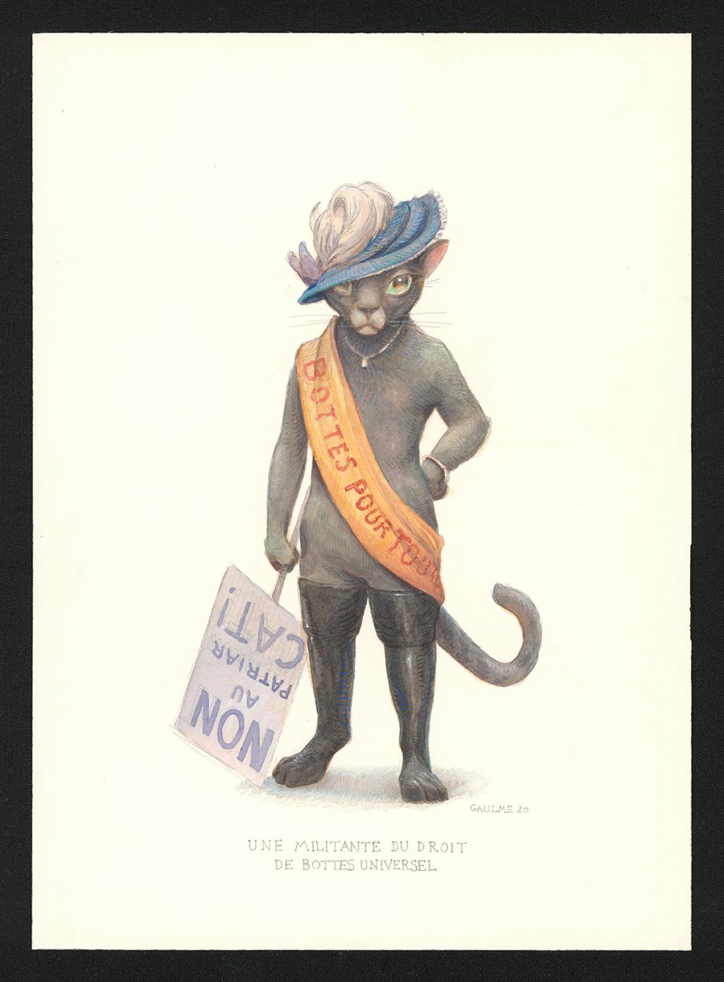 Une Militante du droit de bottes universel, illustration originale - Armel Gaulme - Aquarelle et crayon de couleur sur papier - 6079