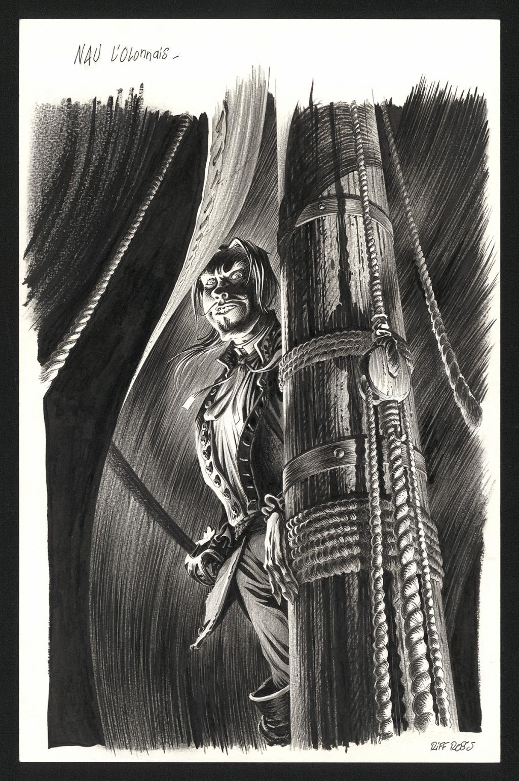 Illustration originale représentant Nau L'Olonais - Riff Reb's - Encre de Chine et crayon sur papier - 6515