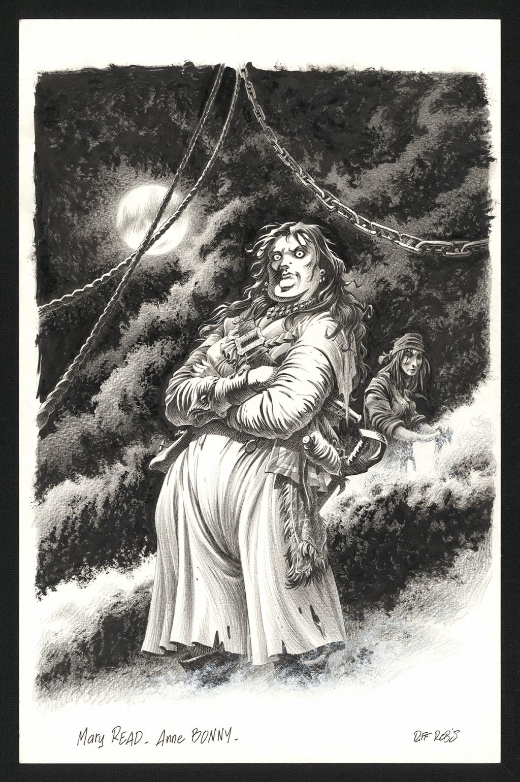 Illustration originale représentant Mary Read et Anne Bonny - Riff Reb's - Encre de Chine et crayon sur papier - 6411