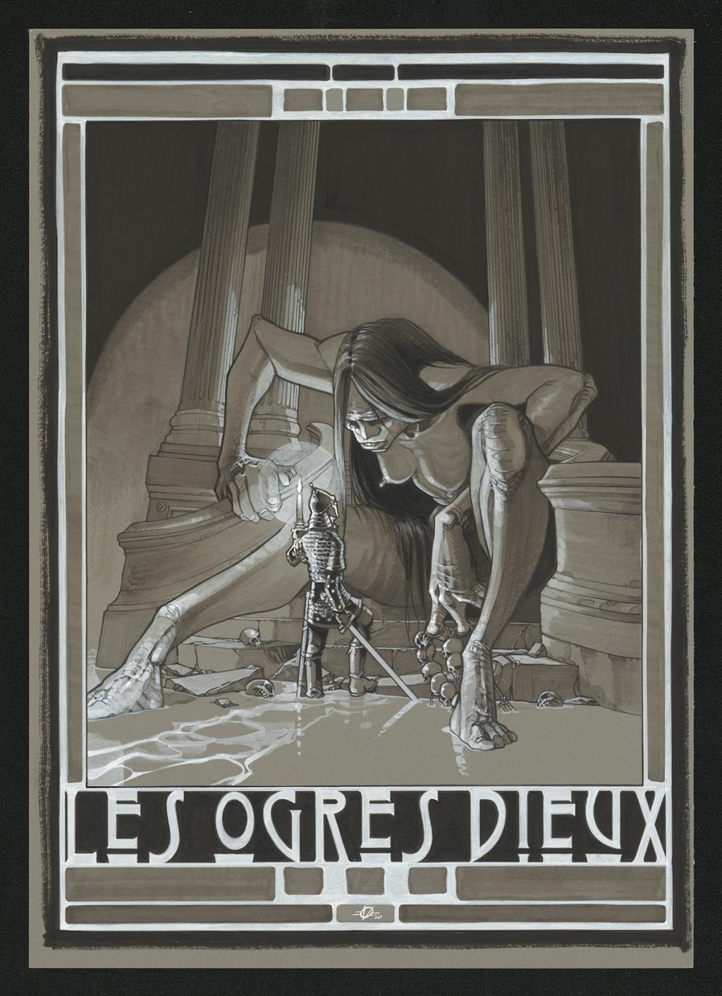 Illustration originale en hommage à la série Les Ogres Dieux - Olivier Vatine - Encre de Chine et gouache blanche sur papier - 6599