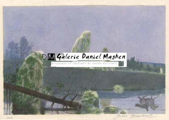 reflet d'un cavalier et hommes avec lanterne - Andréï Arinouchkine - Aquarelle sur papier - 2372