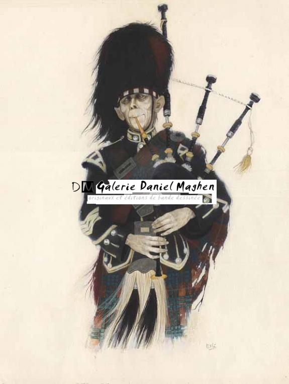 mort vivant écossais + cornemuse - Erlé Ferronnière - Encre de couleur sur papier - 44
