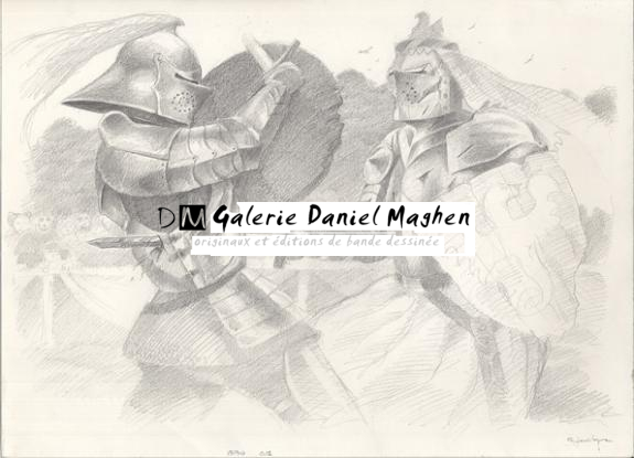 combat de chevaliers p64-65 - Armel Gaulme - Mine de plomb sur papier - 1647