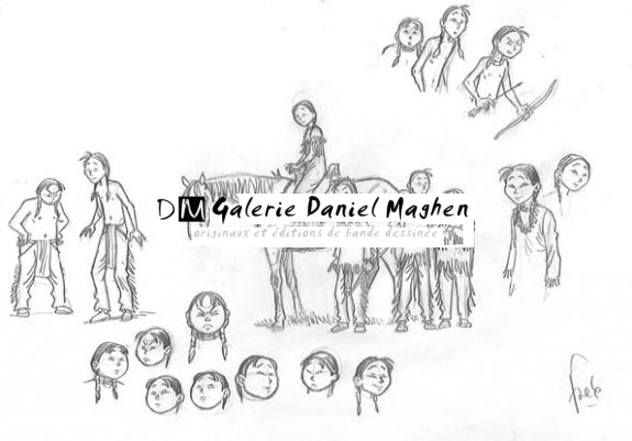 croquis de jeunes indiens dont une à cheval - Fred Simon - 362