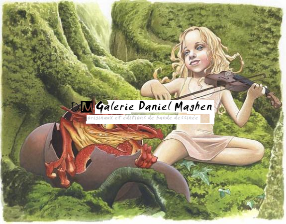 Illustration originale, jeune fille au violon et bébé dragon - Bruno Brucero - Encre de couleur sur papier - 1193