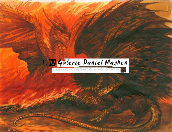 dessin inédit: combat entre 2 dragons - Gwendal Lemercier - Gouache et encre de Chine - 1458